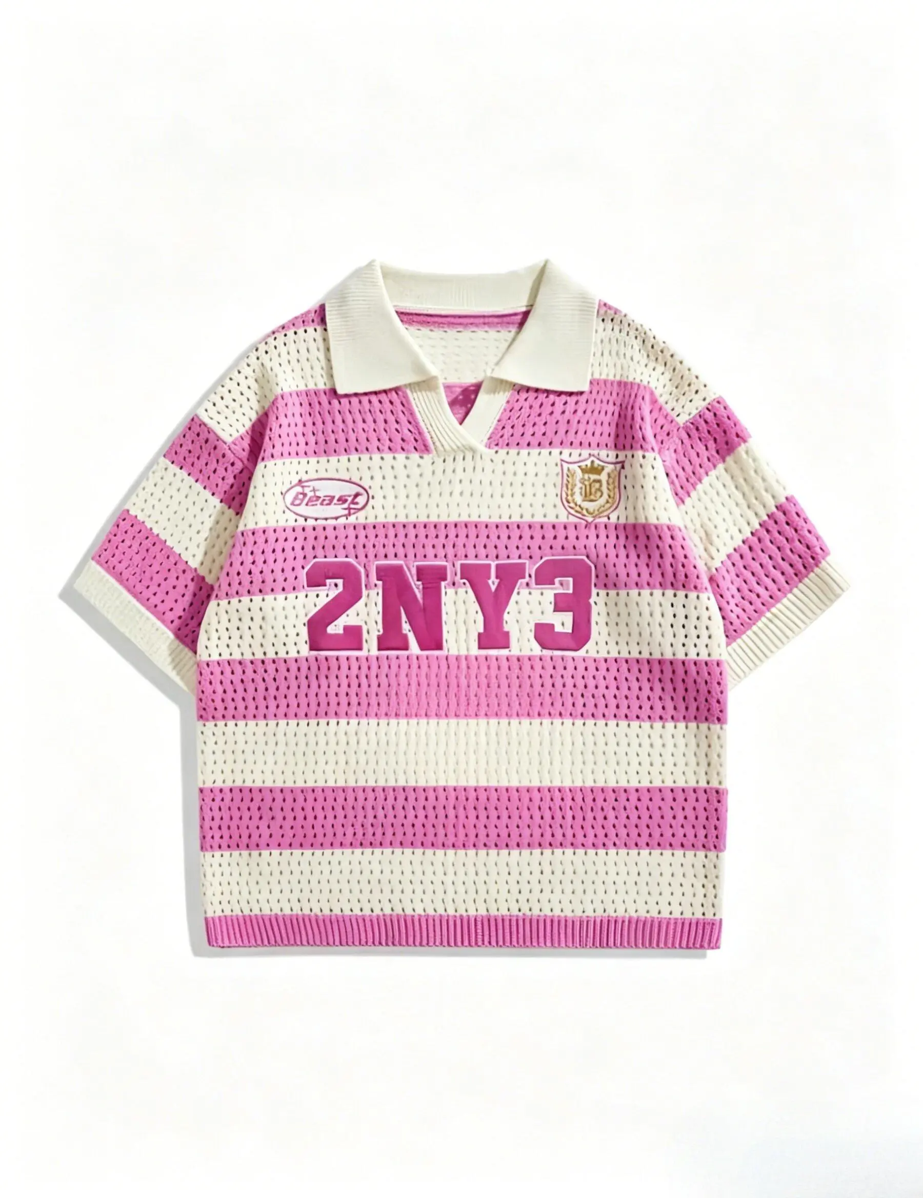 Men / Women Pink White Striped Hollow Out Knit Polo Shirt, Vintage Letter Patch Short Sleeve Cropped Top, V Neck Lapel Breathable Mesh Knitwear, Preppy Y2K Casual Summer Loose Short Knit Blouse for Daily Street Outfit Classic Shortsleeve Stylish