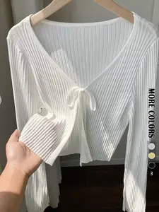 Women's Casual Spring Summer Knit Sweater Cardigan with Tie Front, Loose-Fitting Plain Open Front Jacket for Chic Style and Versatile Wear, Tops Womenswear Knitwear