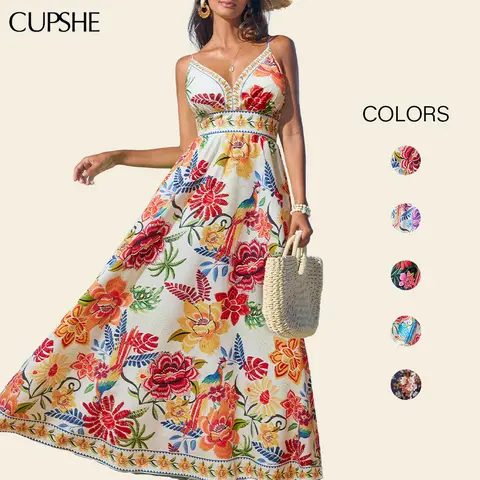 CUPSHE Women's Casual Boho 100% Polyester Soft Woven Tropical Floral Maxi Dress - Sleeveless, Square Neck, Back Zipper, Flowy Beachy Resort Wear for Vacations, Cruise Outfits