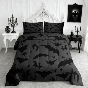 Black Bat Comforter Set Halloween Night Bedding Set for Kids Boys Men Halloween Decor,Children Bats Down Comforter Horror Black and Gray Quilt Set Room Decor