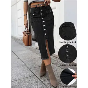 2026 Fashion Set High-Waisted Buttoned Stretch Skirt Mid-Length Slit Office Style Pencil Skirt