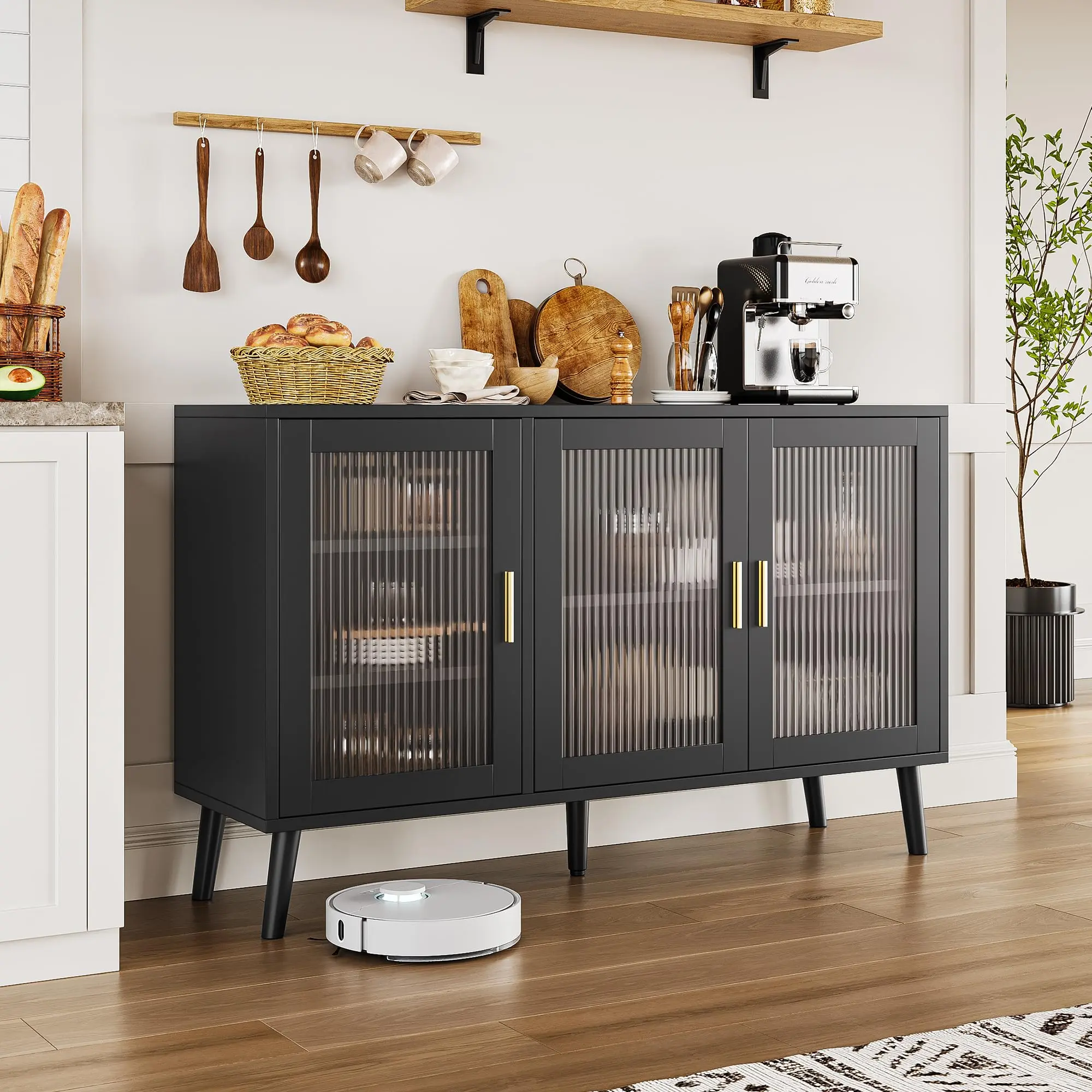 YJ-Garvee Sideboard Buffet Cabinet with Fluted Glass Doors, Kitchen & Dining Room Credenza with Removable Shelves, Decorative Storage for Living Room, Black