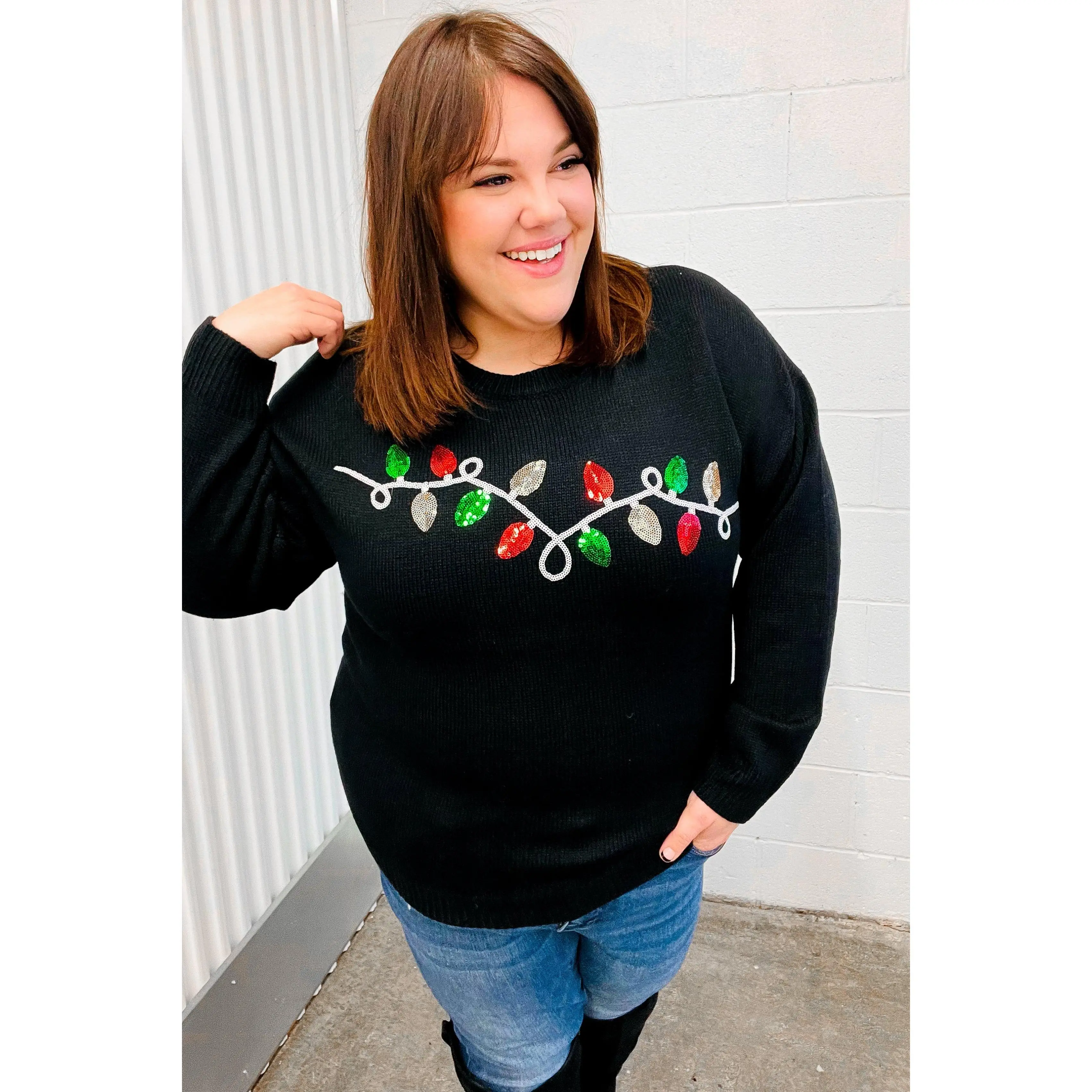 It's Lit Black Sequin Embroidered Christmas Lights Sweater