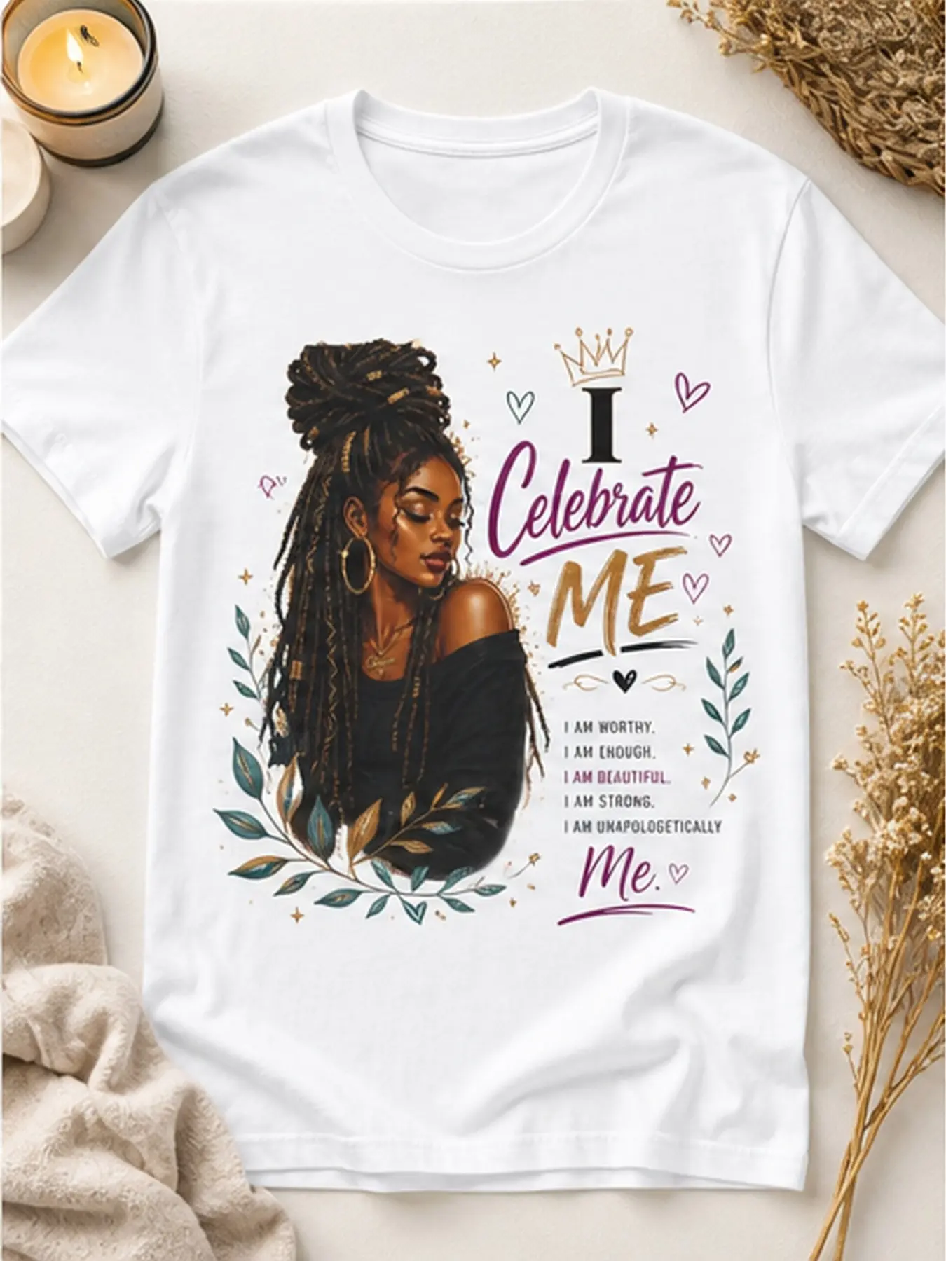 Women's Short-Sleeve Round Neck Printed Casual Top - 1-Piece Melanin Woman Design, Locs Crown, Positive Affirmations, Self Love, I Celebrate Me, Leaf Quote, Flattering Fit for Daily Wear