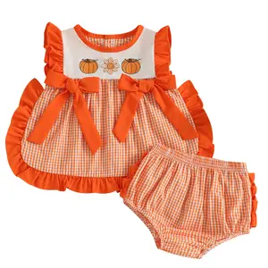 Halloween Baby Girl Outfit Ghost Pumpkin Plaid Ruffle Tank Tops Bloomer Shorts Set Toddler Halloween Clothes