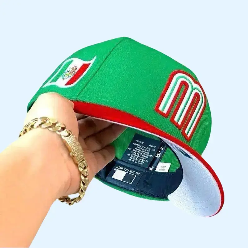 Mexico Flag Letter M Snapback Hat - Green Flat Brim Baseball Cap with Red Underbrim, Embroidered Streetwear Hip Hop Hat for Men and Women