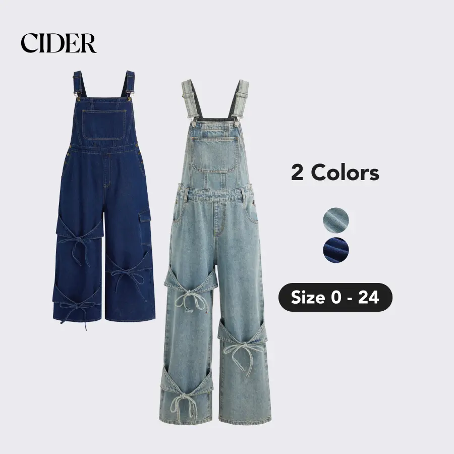 Cider [2 colors, size 0-24] Denim Bowknot Buckle Up Pocket Wide Leg Jumpsuit Blue Overalls