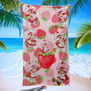 Strawberry Girl Beach Towel, Soft Microfiber Bath Towel, Reusable Cartoon Print, Ideal for Pool Party, Yoga, Beach Vacation, Summer Outdoor Use