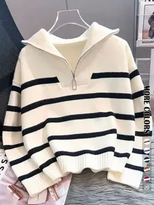 Women's Striped-Print Drop-Shoulder Sweater with Half-Zipper, Casual Fitted Long-Sleeve Collared Jumper for Daily Outdoor Wear, Knitwear for Fall & Winter, National Day Outfit