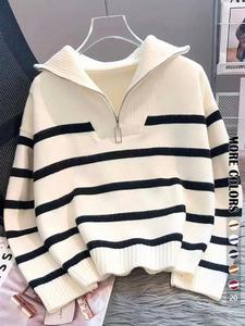 women's striped print zipper drop shoulder sweater, casual long sleeve collared jumper for daily outdoor wear, women knitwear top for fall & winter, national day clothing