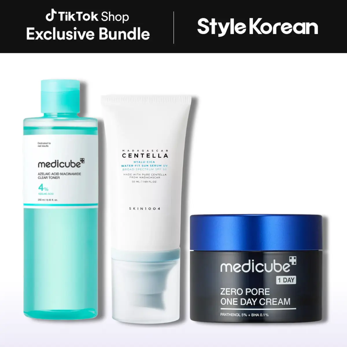 [StyleKorean] Sebum Control & Pore Set For Men - Medicube Azelaic Acid Niacinamide Clear Toner, Zero Pore One Day Cream, Skin1004 Madagascar Centella Hyalu-Cica Water-Fit Sun Serum SPF 50 - Smaller Pores, Controls Excess Oil, No WhiteCast