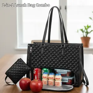 2-in-1 Tote Lunch Bag Combo Insulated Lunch Box 15.6'' Laptop Bag with Insulated Lunch Compartment Quilted Large Capacity Computer Handbag with Purse for Business