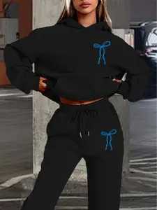 Autumn Winter Hoodie Set, Blue Bowknot Decor, Graphic, Casual Fitted Style, Comfortable Daily Wear, Loose Fit, Fall & Winter