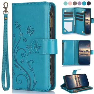 Case For Samsung For Galaxy A56 A36 A26 A16 A06 A55 A35 A25 A15 A05 A05S A54 A34 A24 A14 A04 E A04S F04 4G 5G Butterfly Flower PU Faux Leather Wallet Lanyard Card Slots Stand Zipper Mobile Phone Bag Phone Cover Casing Phone Accessory