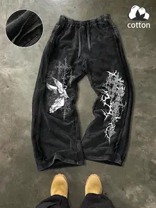 Unisex Gothic Angel Graphic Cotton Sweatpants, Loose Fit, Elastic Waist, Washed Cotton, Casual Streetwear, Y2K Style, Aesthetic, Men's Fashion, Menswear