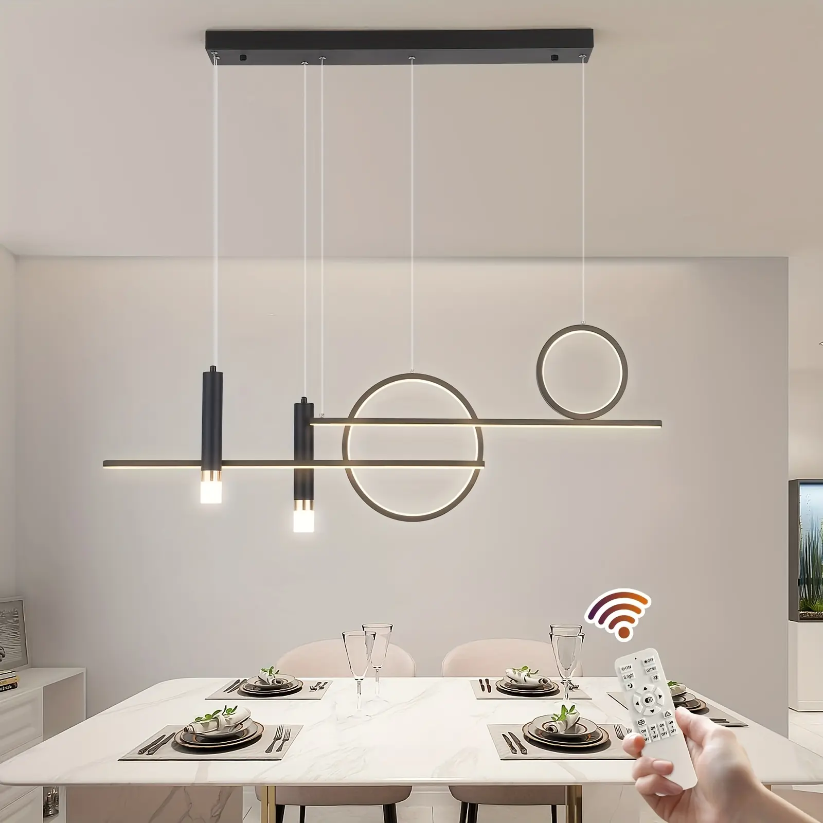Garwarm Modern Linear Shape LED Adjustable Hanging Pendant Light - Remote Control Dimmable, Thick Iron Flat Metal Fixture with Corrosion Protection, Easy Power-Off Installation, 110-240V Adjustable Indoor Lighting for Kitchen Island, Office (10-15m² Fit)
