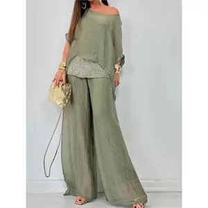 Fashion Sequin Woman Top Wide-leg Pants Set Casual Dolman Sleeve Suit Bat Sleeve Sequin Tops Wide Leg Trousers Sets For Women