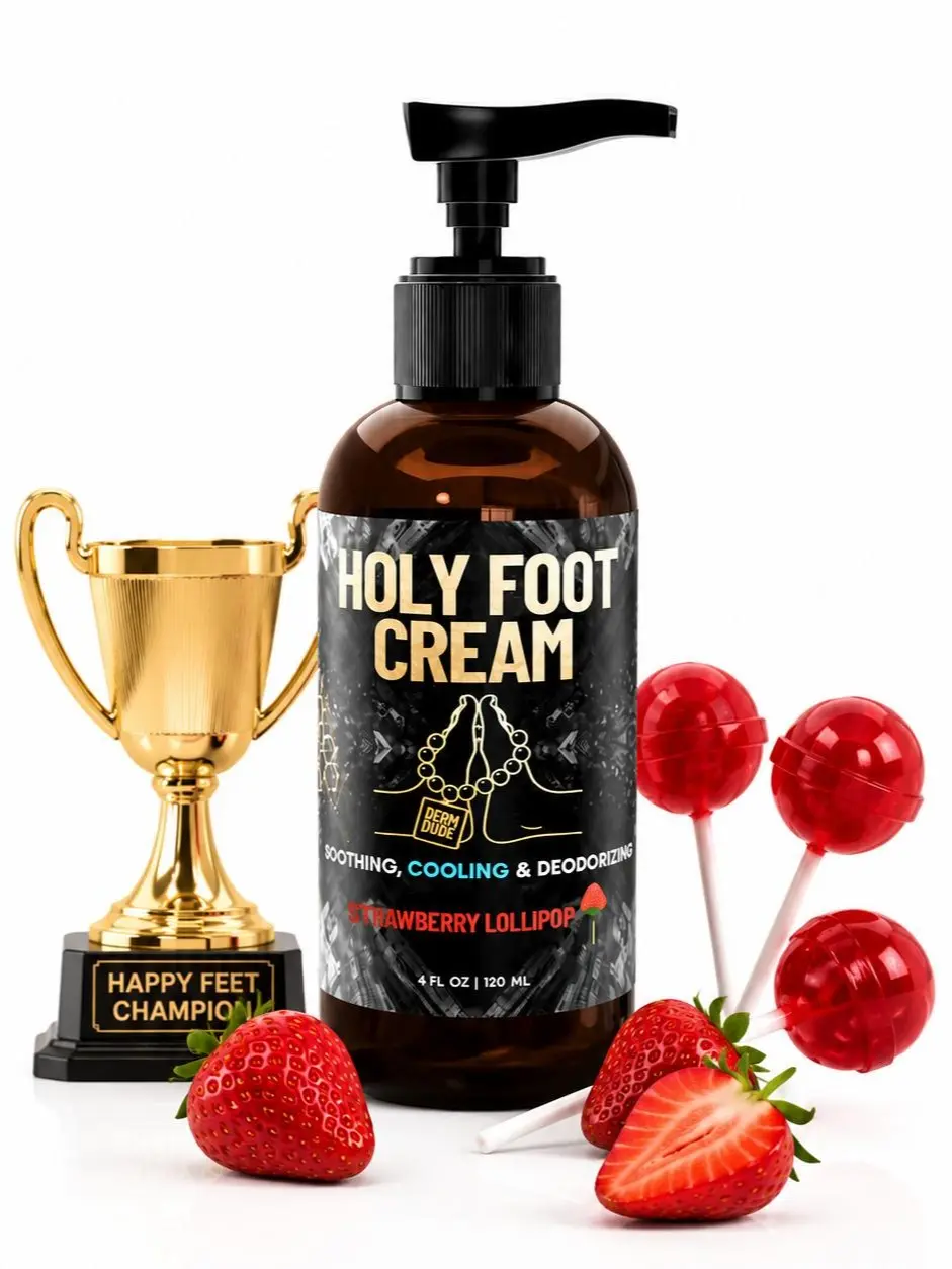 Derm Dude Holy Foot Cream - Moisturizer for Sweaty Smelly & Cracked Heels with Deodorizing Power - Strawberry Lollipop Scent - Hydrating & Antifungal - 100g, Scented, Pack