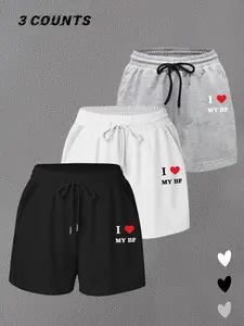 Teen Girls' Summer Casual Letter Print Heart Wide Leg Knit Shorts Set, Perfect for Vacation & Sports, Valentine's Day Couple