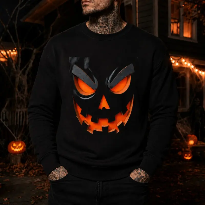 Men's Halloween Jack O' Lantern Cotton Blend Crewneck Sweatshirt, Scary Pumpkin Face Graphic Pullover, Long Sleeve Shirt, Relaxed Fit Casual Sportswear for Halloween Party, Fall Back to School Gift