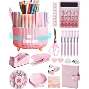 Pink Desk Accessories, 20 count Office Supplies and 360?Pen Holder Desk Organizers, with Tape Dispenser, Stapler, Staple Remover, Ect, Let The Color Pink Fill Your Desktop