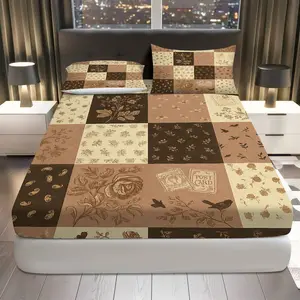 3Pcs Vintage Floral Patchwork Fitted Sheet Three Piece Set (1*Fitted Sheet+2*Pillowcases, Coreless), Everyday Theme, Floral Retro Bedding Set, Mattress Protector Soft, Breathable