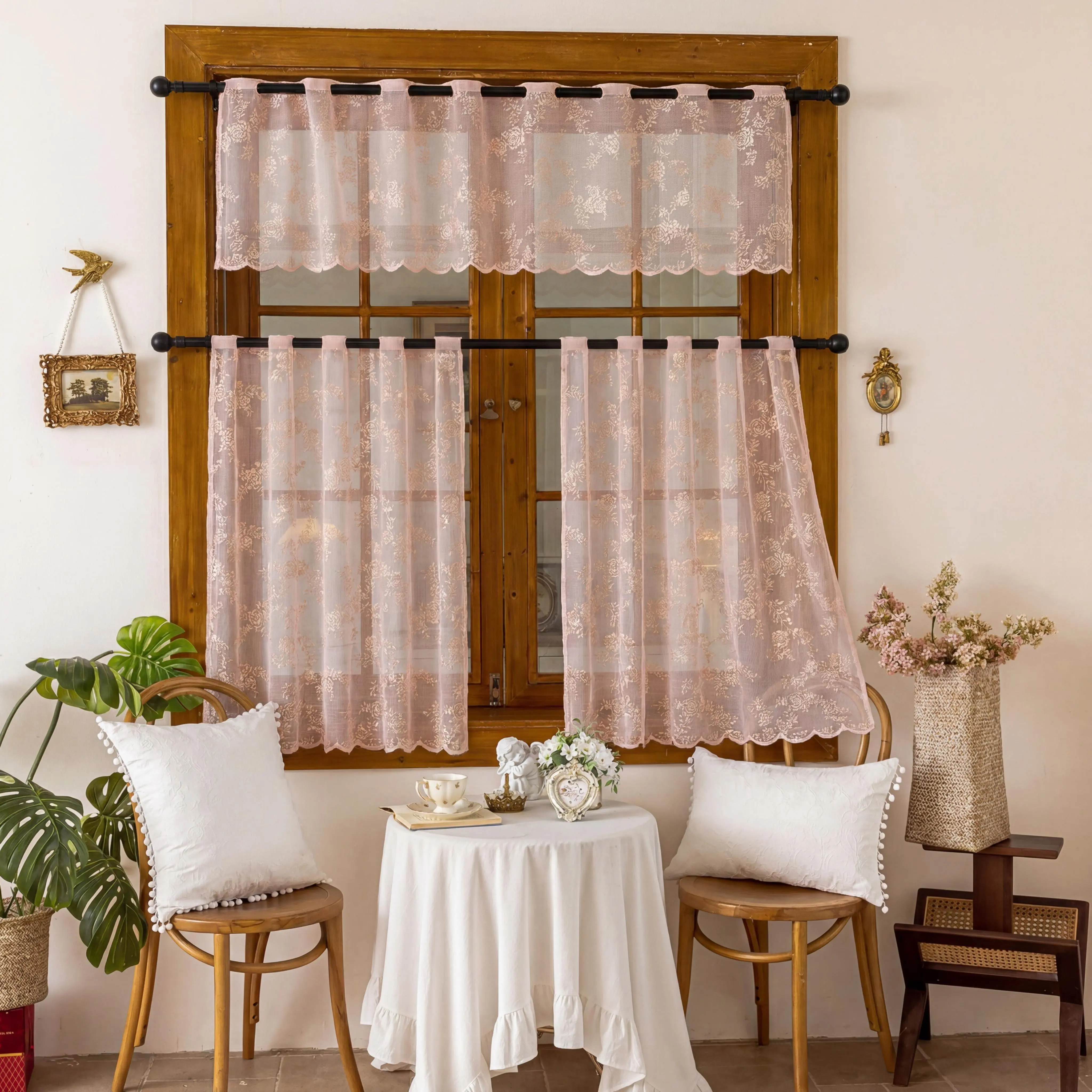 3&4-Panel Polyester Lace Window Curtain Set with Lace Trim, Rod Pockets, Light Filtering Vintage Floral Print Design; Set Includes 4 Pcs(26x36in) & 3 Pcs(52x18+26x36in) Warp Knitted Mesh Sheers for Home Kitchen Decor with Festive Touch L46 822, Home Decor