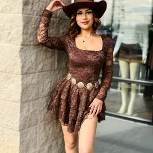 Ruffle Lace Dress with Long Sleeves and Layered Ruffles for Women