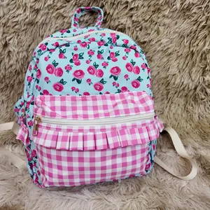 Pink gingham ruffle floral printed multi pockets toddler girls backpack
