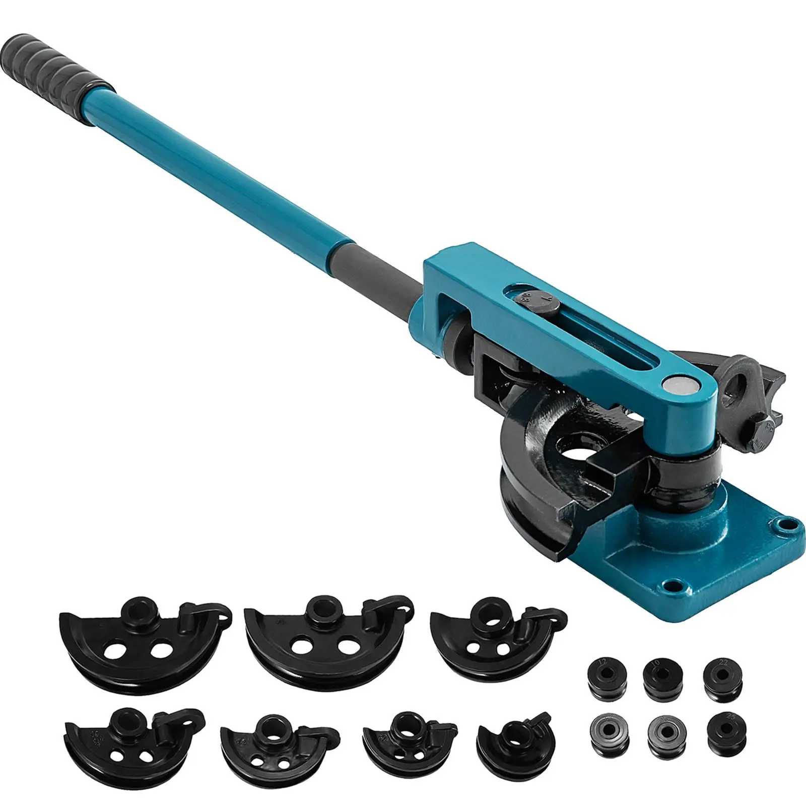 VEVOR Manual Pipe Tube Bender Set with 7 Tube Bender Dies (3/8", 1/2", 9/16", 5/8", 3/4", 7/8", 1"), Carbon Steel Bending Tool, Long Handle Leverage, Compact Design, Stable Heavy Base for House Decorating, Gates, Grids, Railings, Bridges Pipeline Laying