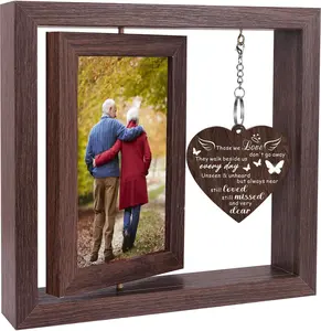 Rotating Wooden Memorial Picture Frame | Double-Sided 4x6 Photo Display with Heart Shape Pendant | Sympathy Remembrance Gift for Loss of Loved One | Bereavement Condolence Sentimental Keepsake