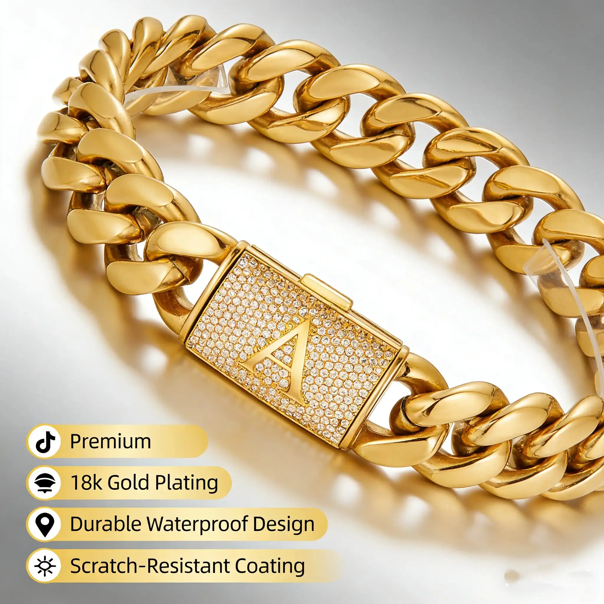 14mm Gold Miami Cuban Link Initial Bracelet – Custom A–Z Letter 18K Real Gold Plated Stainless Steel Solid Bracelet Waterproof & Scratch-Resistant Comes Perfect Gift for Boyfriend or Girlfriend chain
