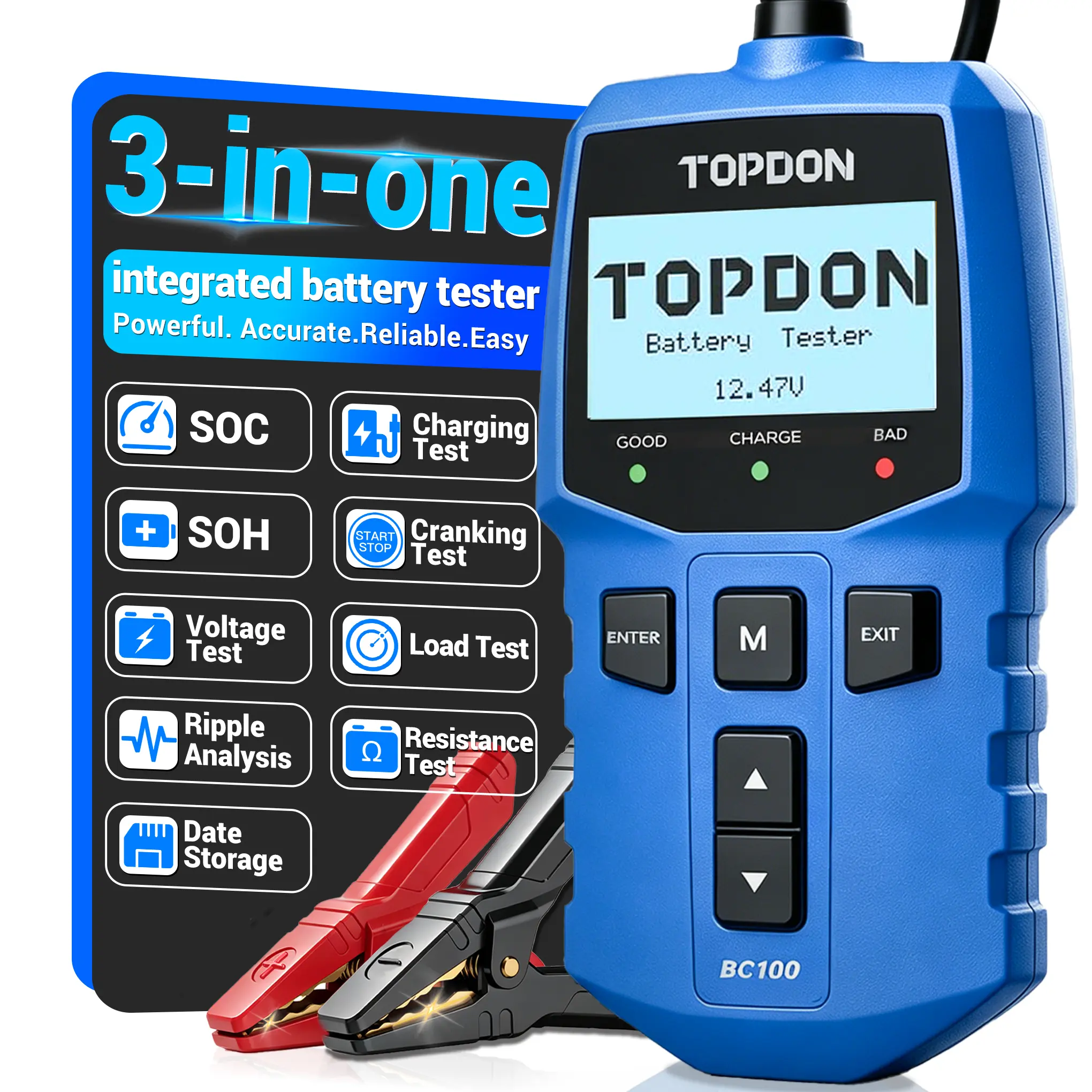 TOPDON BC100 3-in-1 12V Car Battery Tester - 100-2000 CCA Safe Automotive Load Tester, 2026 Upgraded Alternator & Charging Cranking System Diagnostic Tool for Cars/Trucks/Moto
