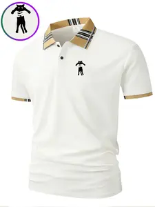 Men's Cat Print Geometric Graphic Pattern Short Sleeve Polo Shirt, Button Front, Slim-Fit, Business & Casual Wear, Organic Textile