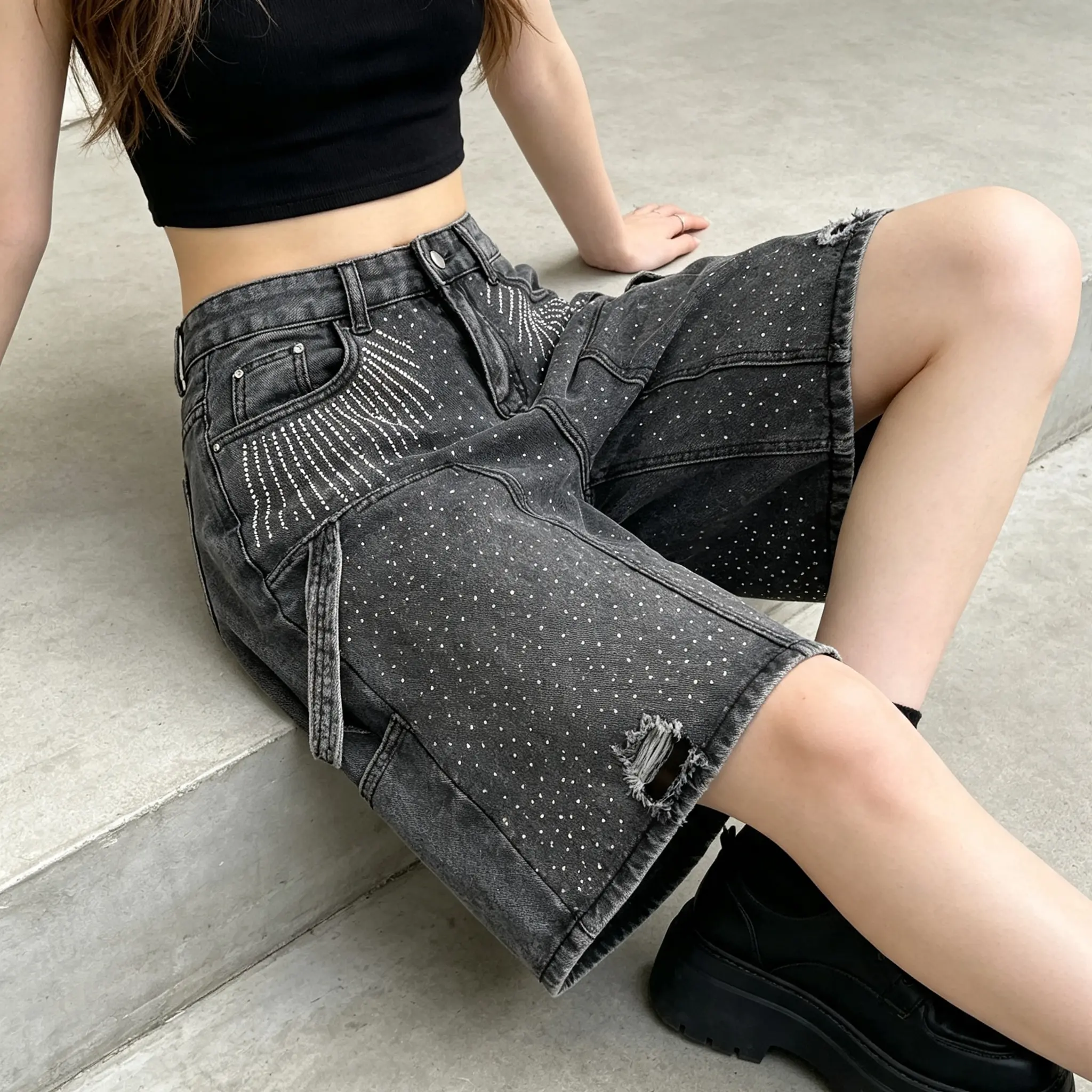 Studded Denim Shorts for Women - Trendy Gray Jean Shorts with Rhinestones and Distressed Design - Perfect for Casual Outfits