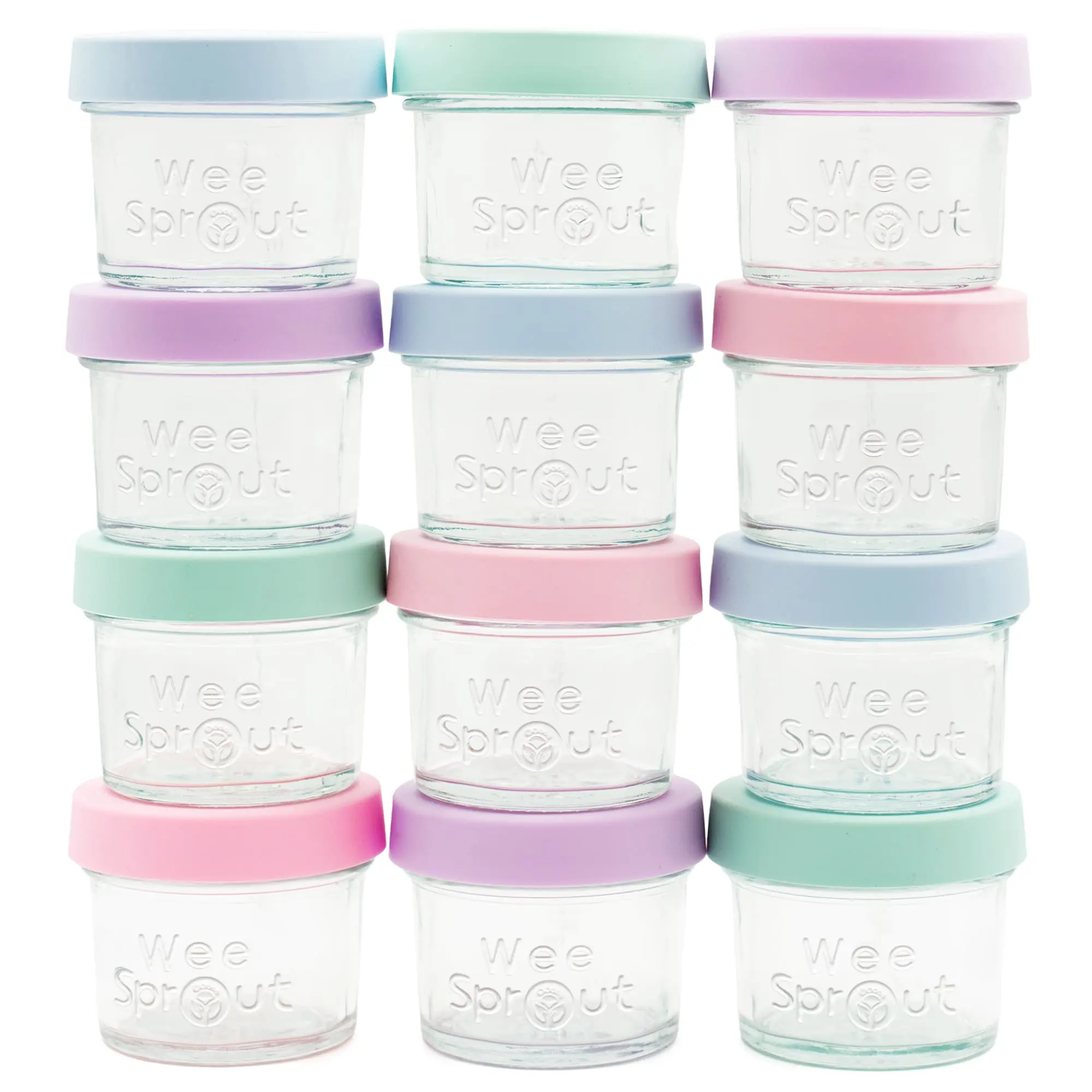 WeeSprout Glass Baby Food Storage Jars w/ Silicone Lids (4 oz, 12 Pack Set) Snack, Puree, Reusable Small Containers, Breast Milk