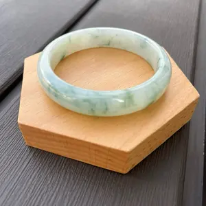 25016-L Certified Untreated Grade A Jade Bracelet - Round 56.1mm (Burmese Jadeite Bangle, Light Green wirh Floral Pattern)