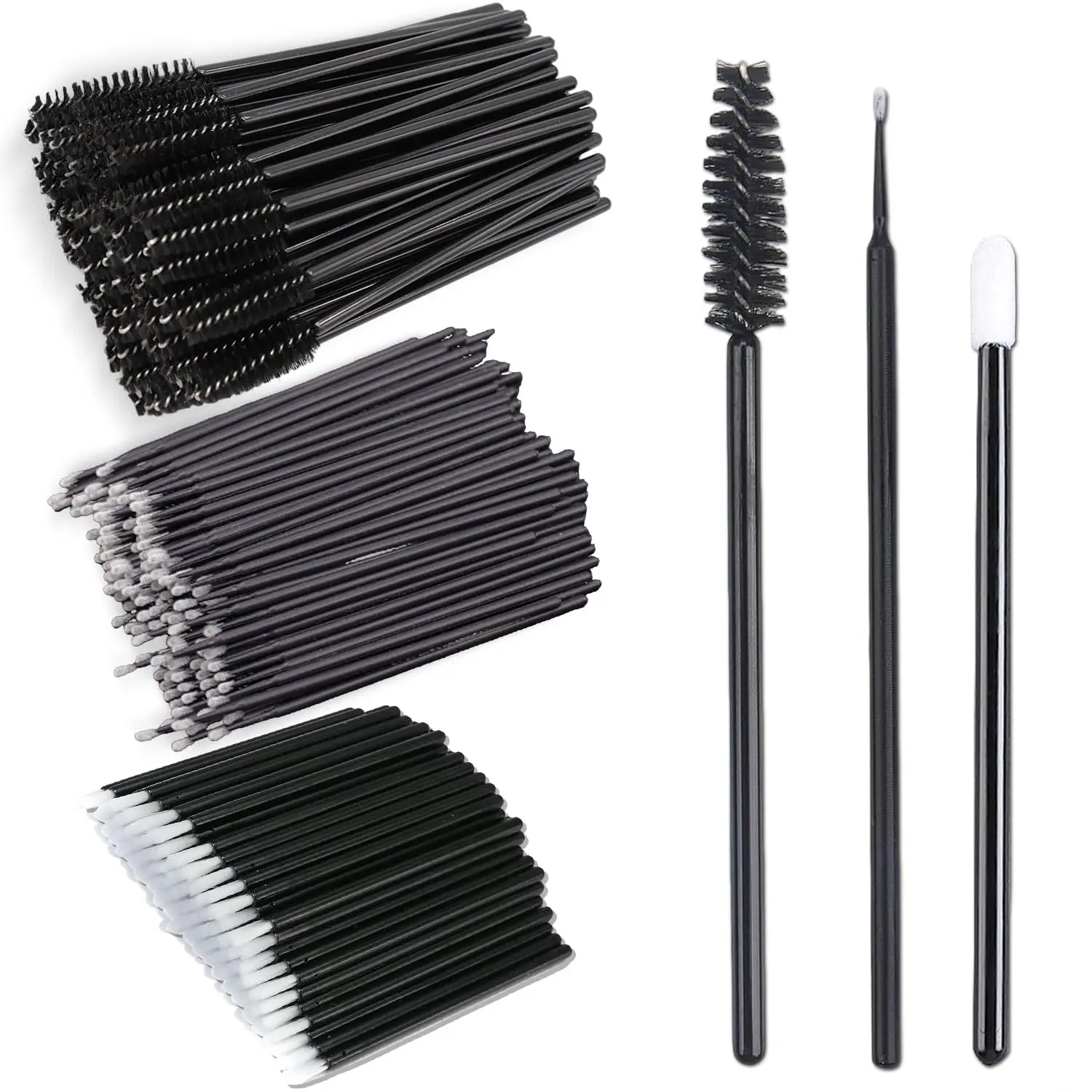 Mother's Day Gift 200Pcs Eyelash Extension Kit – Black Lash Spoolies, Mascara Wands, Lip Brushes & Disposable Micro Swab Applicators for Lash Extensions & Brow Lamination