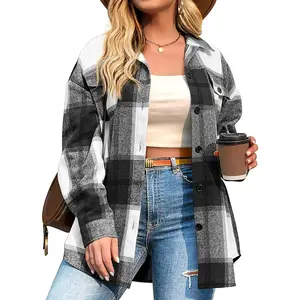 Womens Plus Size Shacket Jacket Flannel Plaid Long Sleeve Button Down Shirts Casual Fall Blouses Tops