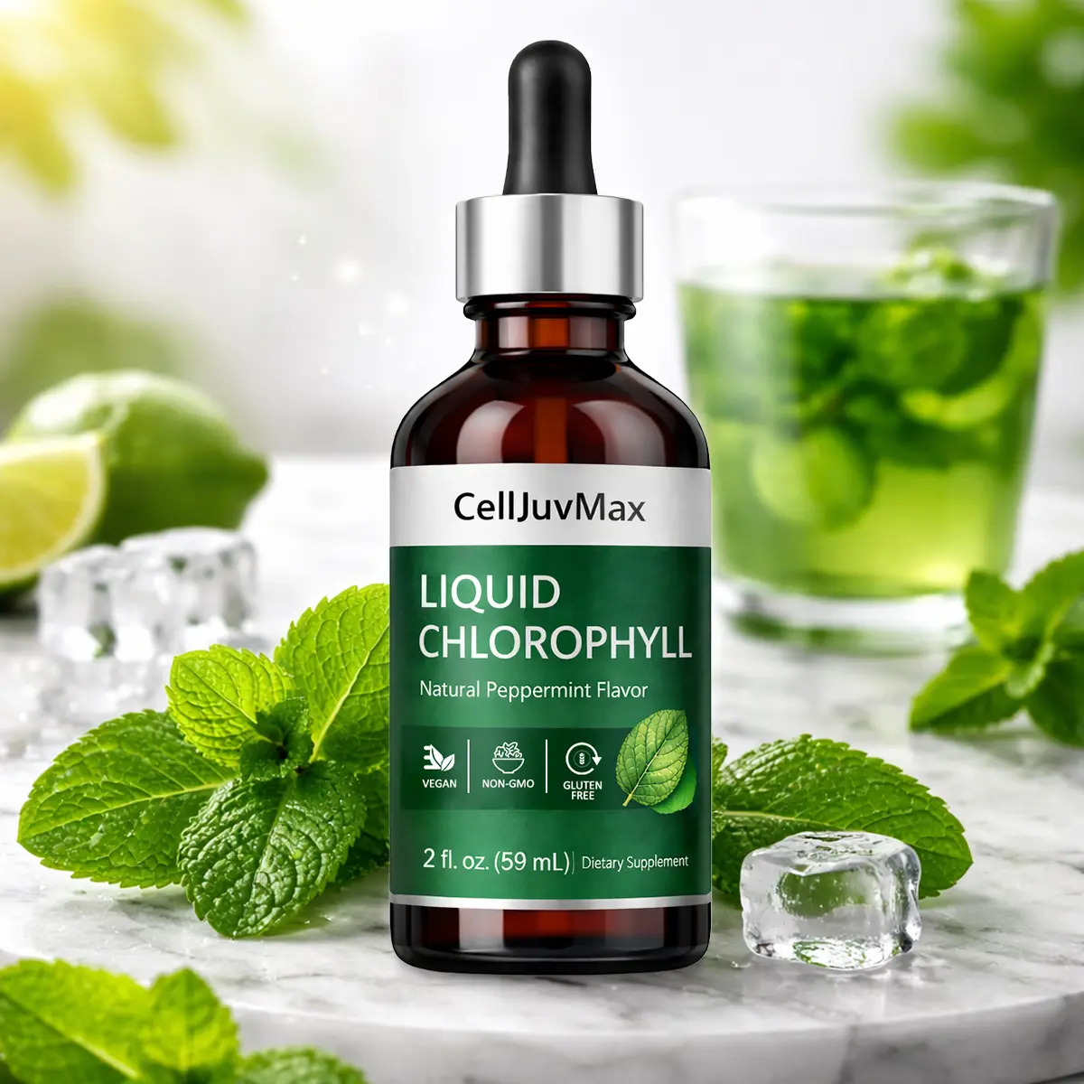 CellJuvMax Chlorophyll Liquid Drops - 2 oz Plant-Based Natural Organic Supplement, Peppermint Flavor, Lactose-Free Allergen-Free Vitamin Dietary Single Item for Youth Wellness Support