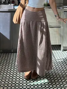 Vintage Two-Tone Plaid Print Pleated High-Waisted Long Skirt, Women's Harajuku Style A-Line Loose Streetwear, All Seasons, Casual Streetwear Skirt