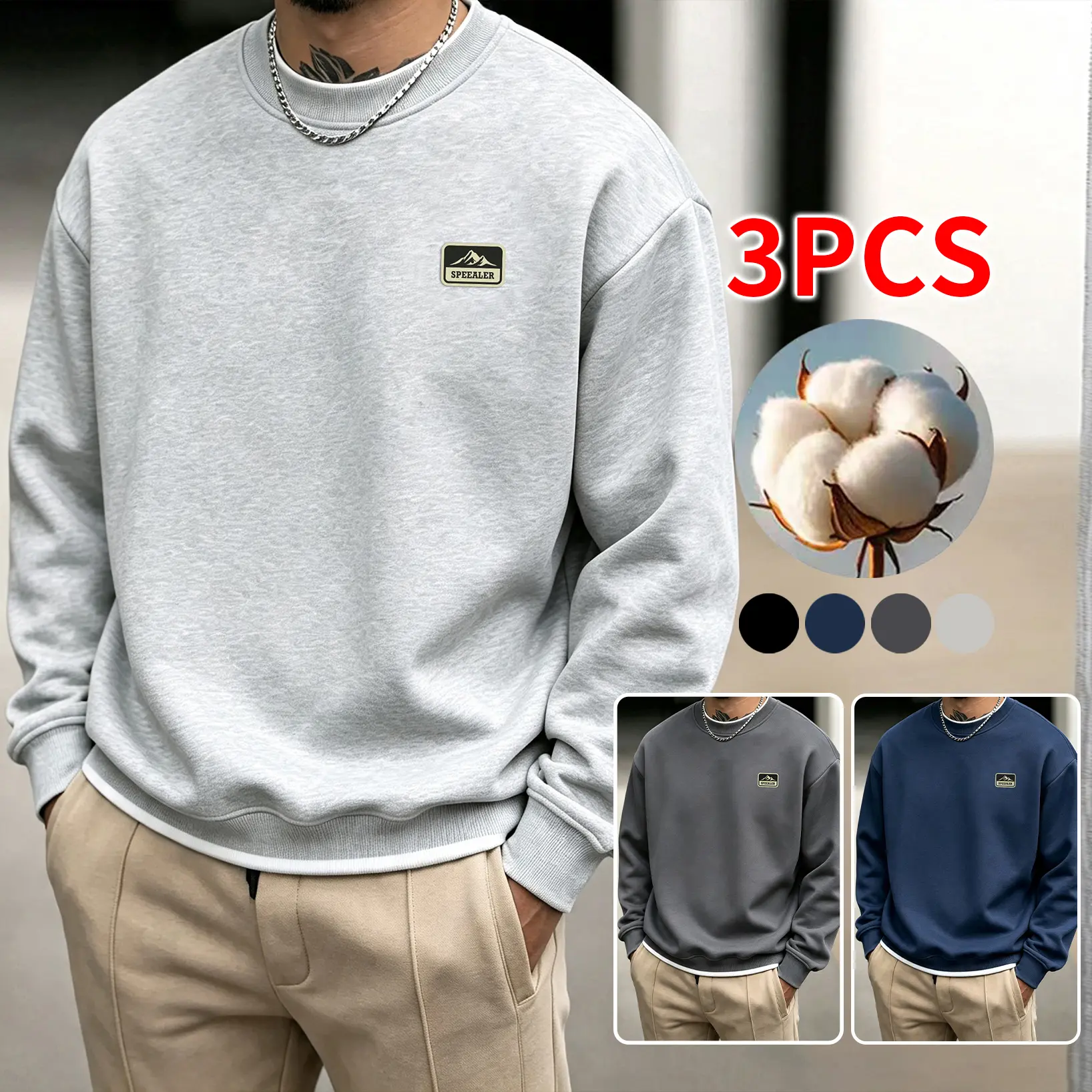 3-PCS of men’s sweatshirts features soft, thick medium-weight knit fabric and a relaxed drop-shoulder design—popular fall essentials that are suitable for weekend outings, urban home leisure, and everyday tasks, offering a retro outdoor casual s