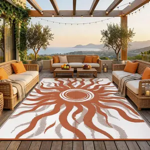 Outdoor Rug Patio Waterproof, Reversible Plastic Straw Rugs for Camping, Picnic, Balcony, Porch, RV, Easy-Clean & Quick Dry Sun Pattern Large Indoor Outdoor Carpet
