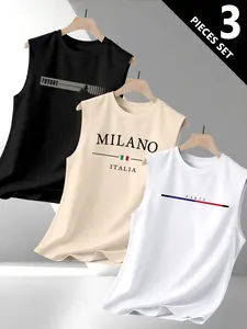 Men's Sleeveless Graphic Print Vest Set, Graphic Print Tops, Sporty Round Neck Design, Perfect for Daily Wear & Active Lifestyle, Casual Tank Tops