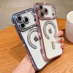 Glitter Transparent Magsafe Wireless Charging Case For iPhone 17 Pro Max 16 15 Plus,Cute Clear Glitter Bling Diamond Rhinestone Sparkly Case Camera Lens Protectors Plating Cover