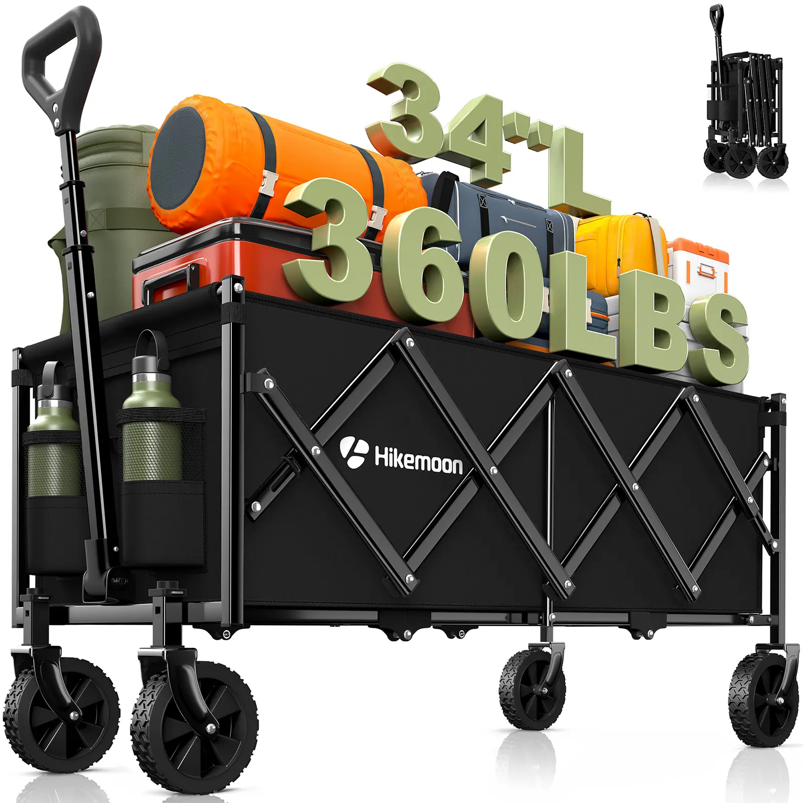 Hikemoon Foldable Wagon cart, Heavy-Duty Collapsible Wagon, Foldable - 34-in Extra Long Trolley, 360LBS Capacity, 360-Degree Wheels, Portable for Grocery, Camping Folding Wagon Cart Folding Rolling Cart
