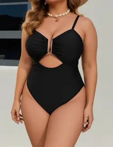 Must-have for plus-size curvy girls｜2026 Summer Plus Size Black Cut-Out One-Piece Swimsuit – Thin Straps Slimming Design for Curvy Plus Size Women, Black Plus Size Cut-Out Swimsuit - SummerVibes