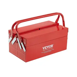 VEVOR 14x7.87x6.5" Steel Tool Box, 2-Tier 3-Tray Portable Folding Cantilever Tool Chest Organizer with Dual Handle, Flip-Top Lid & Lock Hole, Powder Coated for Household & Repair Shop Use, Red