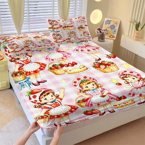 Strawberry Sweetheart Fitted Sheet Set and 2 Pillowcases No Core, Pink-White Checkered, Vintage Hand-Drawn Dessert Party Design, Soft Anti-Slip Bedding, Fairy Tale Girls Room, Kids Room Decor, Gift Choice