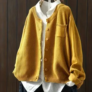 Solid Button Down Knit Cardigan, Casual Long Sleeve Loose Sweater With Pocket, Women's Clothing
